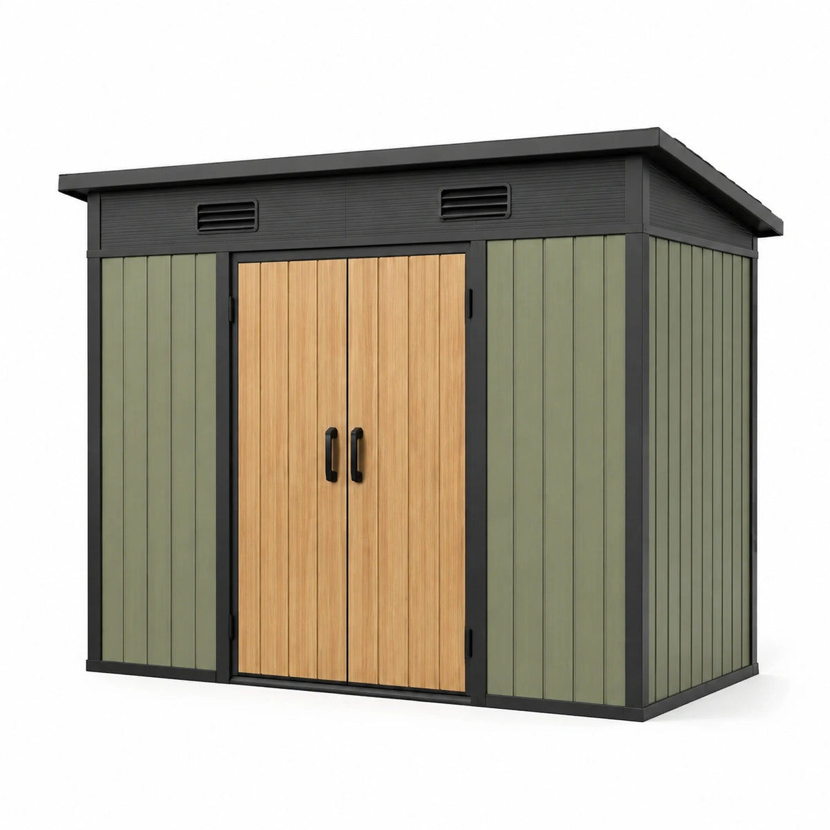 Abri de jardin 180 x 120 x 190 cm en résine vert kaki et effet bois avec portes doubles ventilé