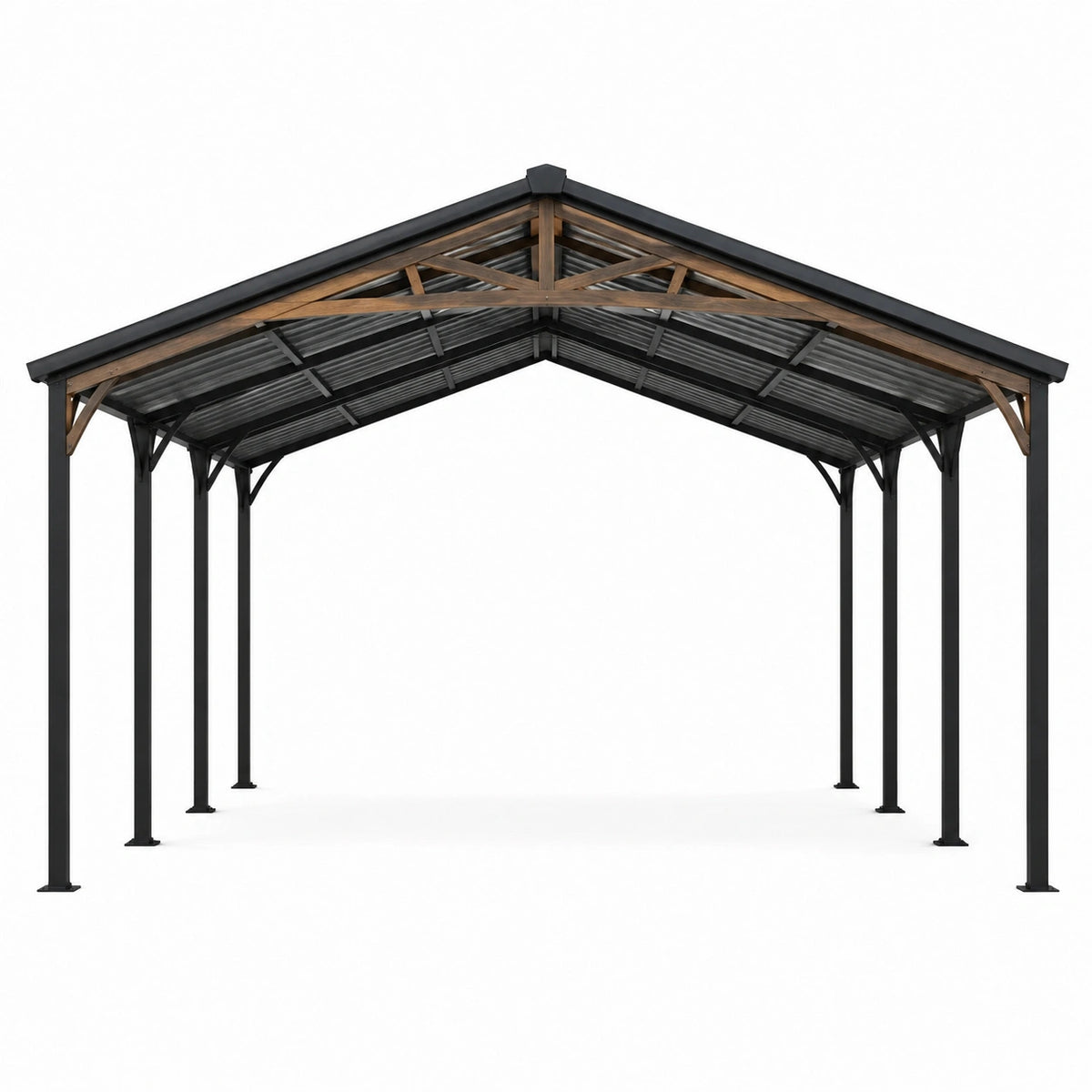 Abri voiture 600 x 300 x 270 cm en acier noir et bois avec toit à deux pentes