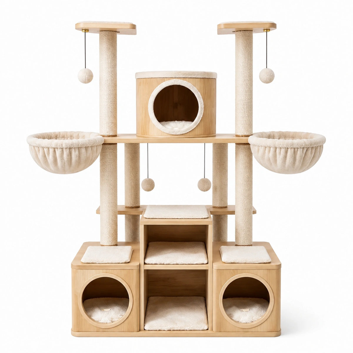 Arbre à chat 120 x 60 x 180 cm en bois beige avec poteaux en sisal et niches