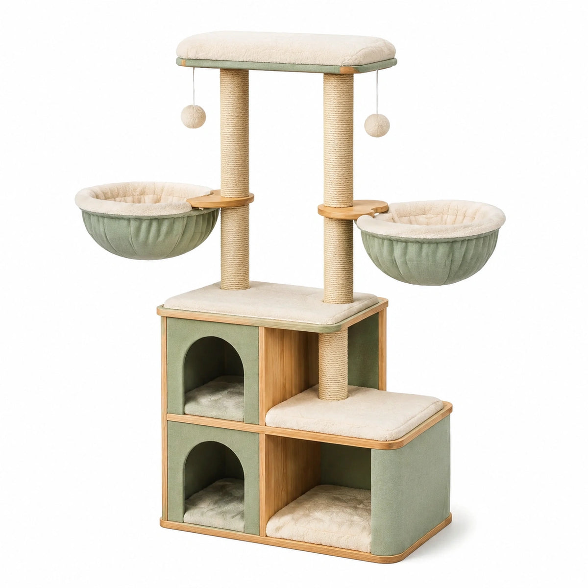 Arbre à chat 60 x 60 x 160 cm en sisal vert et beige avec niches et hamacs