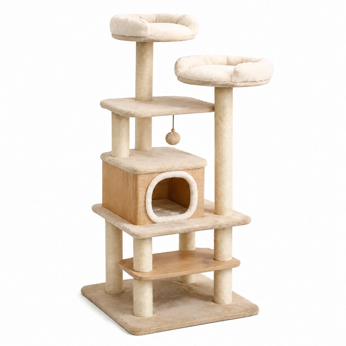 Arbre à chat 60 x 50 x 150 cm en bois beige avec poteaux en sisal et niches de repos