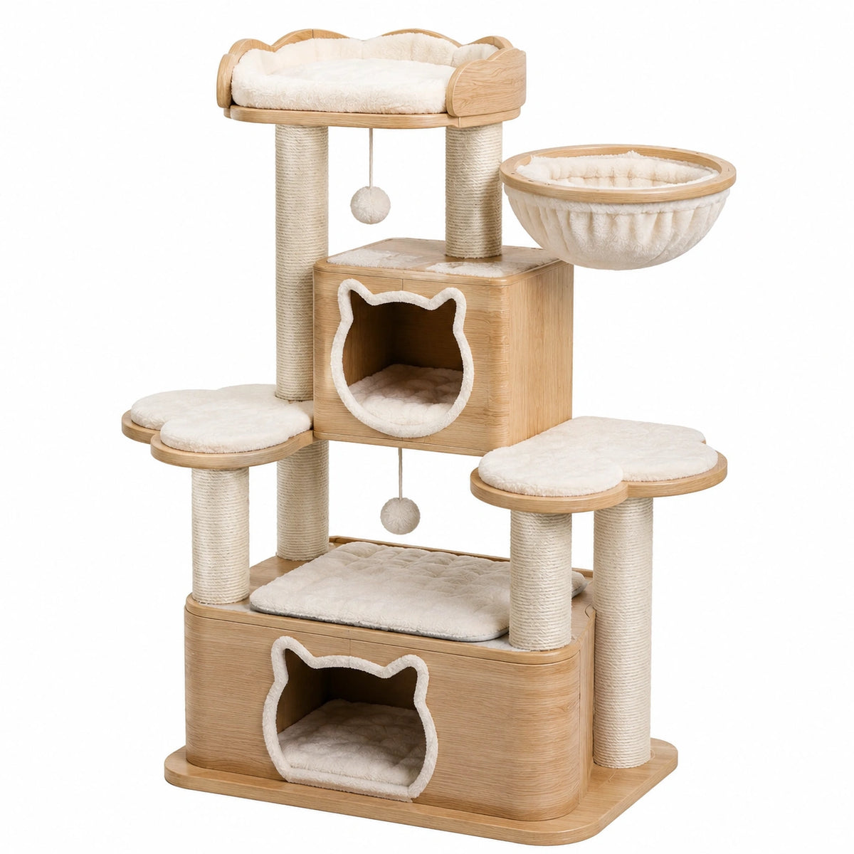 Arbre à chat 100 x 60 x 160 cm en panneaux effet bois beige avec griffoirs et niches