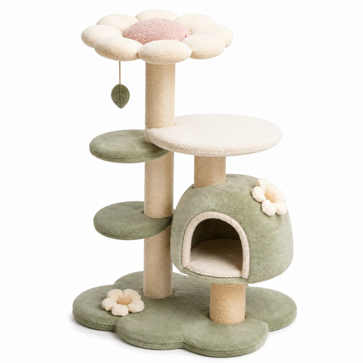 Arbre à chat 50 x 50 x 120 cm en sisal et peluche vert sauge pour chat - style fleur avec niche et griffoirs