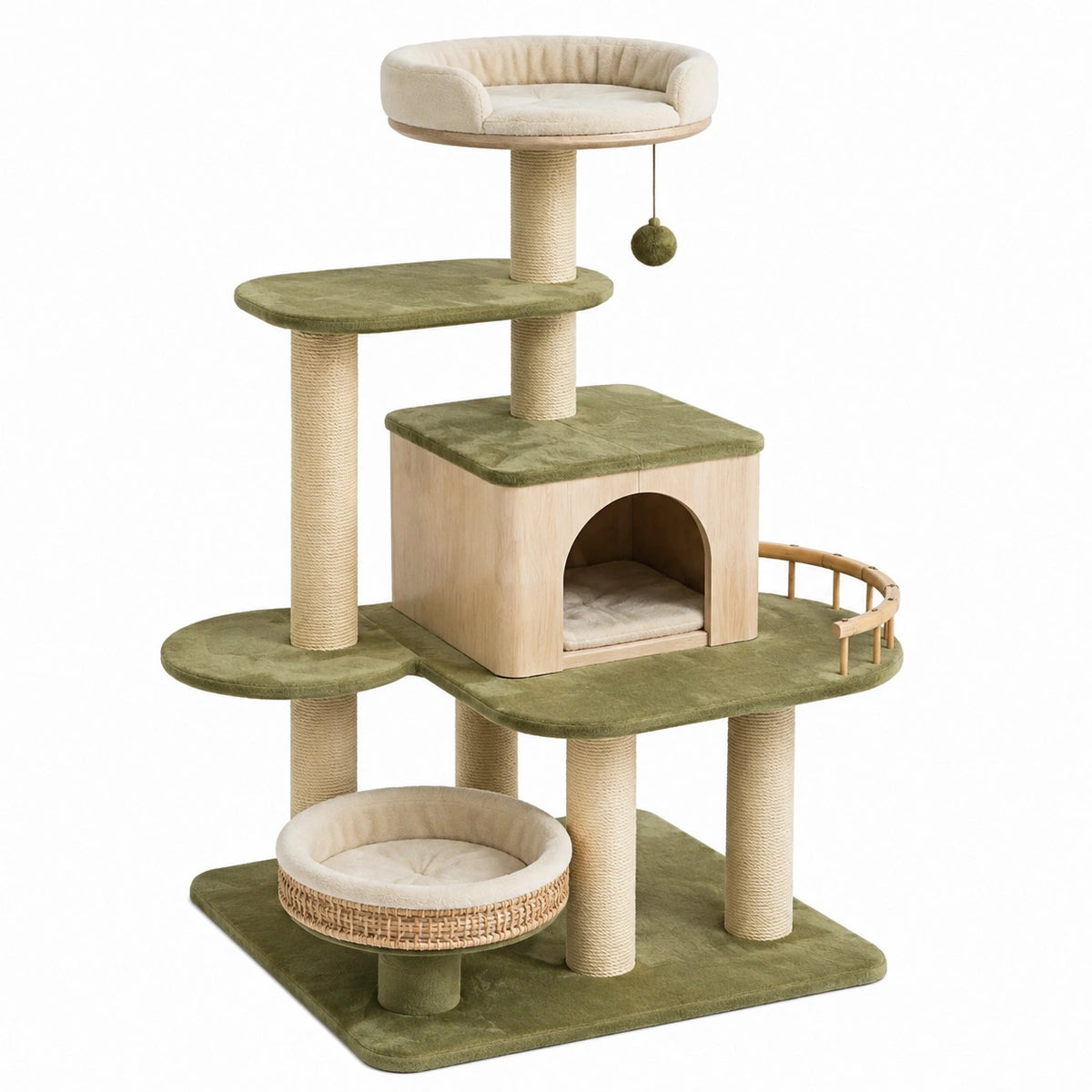 Arbre à chat 70 x 60 x 150 cm en bois sisal et tissu vert avec niches et plateformes