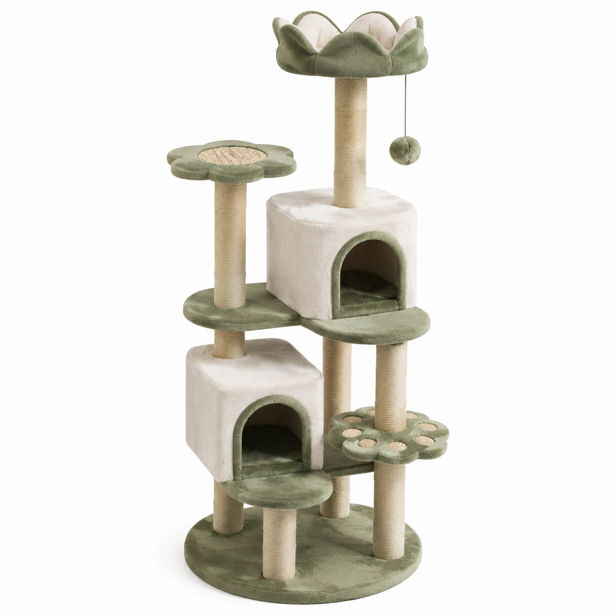 Arbre à chat 60 x 50 x 150 cm en peluche vert et beige avec niches plateformes et griffoirs