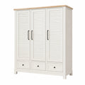 Armoire 150 x 55 x 200 cm en bois blanc et naturel avec 3 portes persiennées et 3 tiroirs