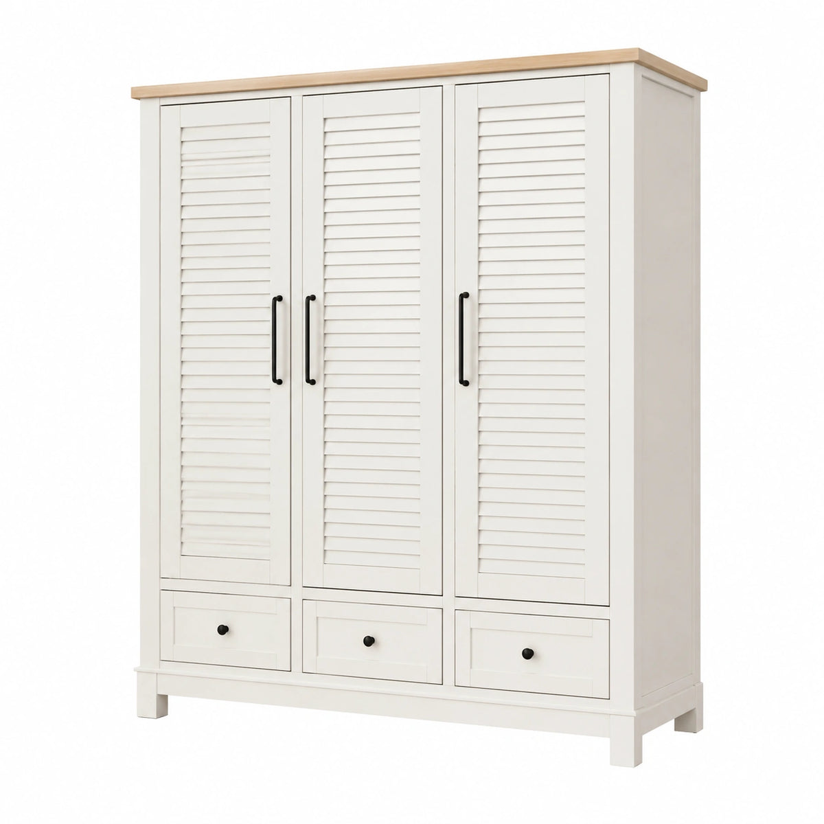 Armoire 150 x 55 x 200 cm en bois blanc et naturel avec 3 portes persiennées et 3 tiroirs
