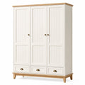 Armoire 3 portes 150 cm en bois blanc et chêne naturel avec tiroirs style campagne