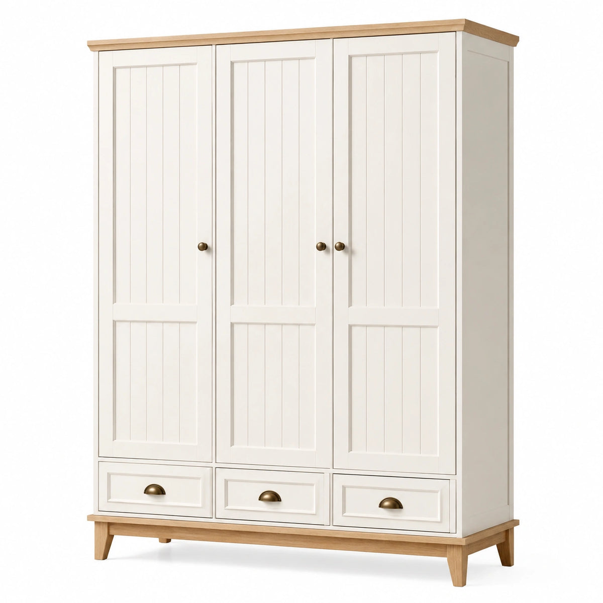 Armoire 3 portes 150 cm en bois blanc et chêne naturel avec tiroirs style campagne