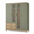 Armoire de rangement 160 x 55 x 200 cm vert sauge et bois avec portes vitrées style contemporain