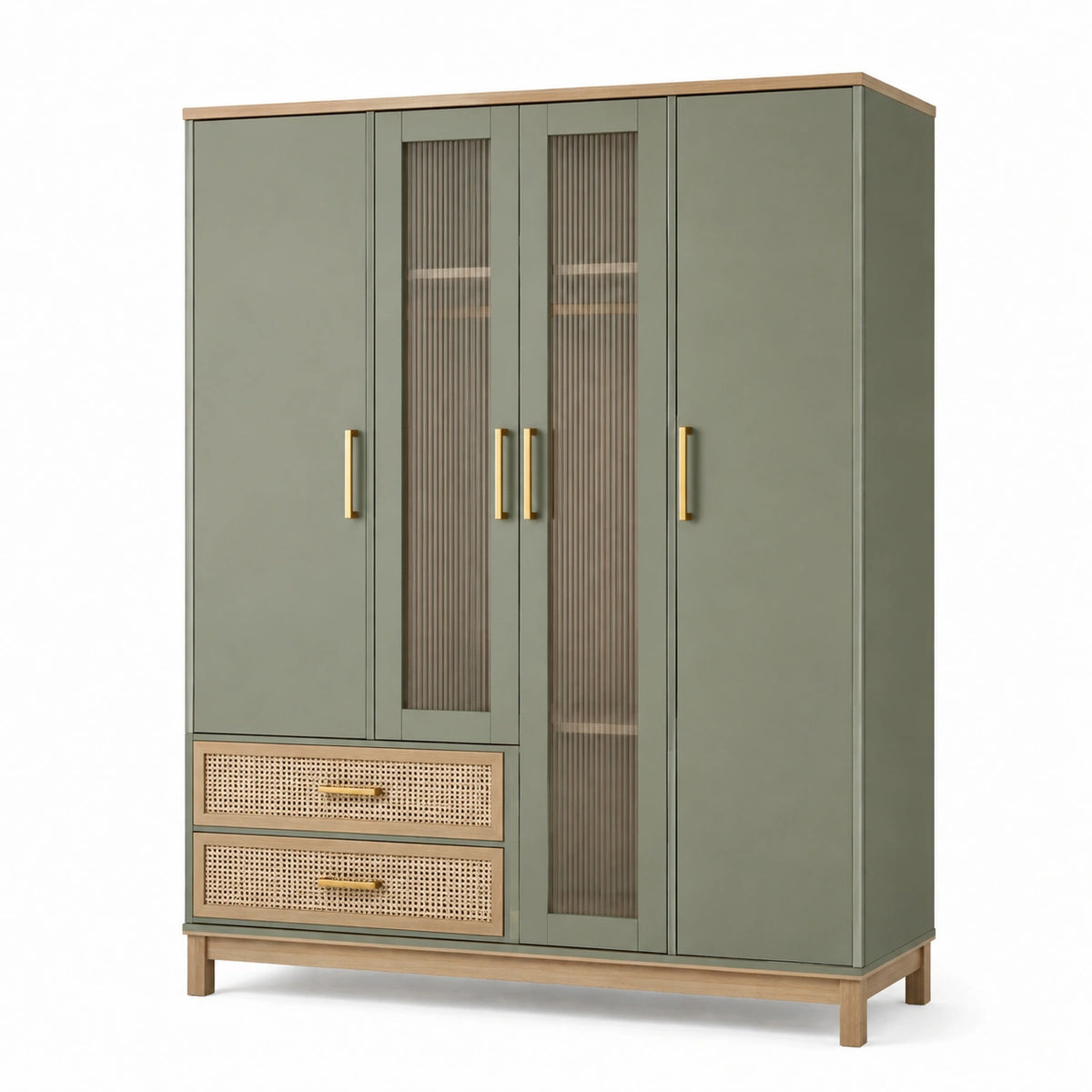 Armoire de rangement 160 x 55 x 200 cm vert sauge et bois avec portes vitrées style contemporain