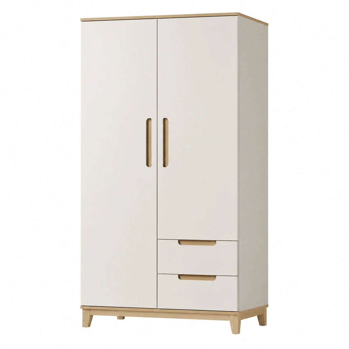 Armoire de rangement 100 x 50 x 200 cm en panneaux de bois blanc et bois naturel avec 2 portes 2 tiroirs style scandinave