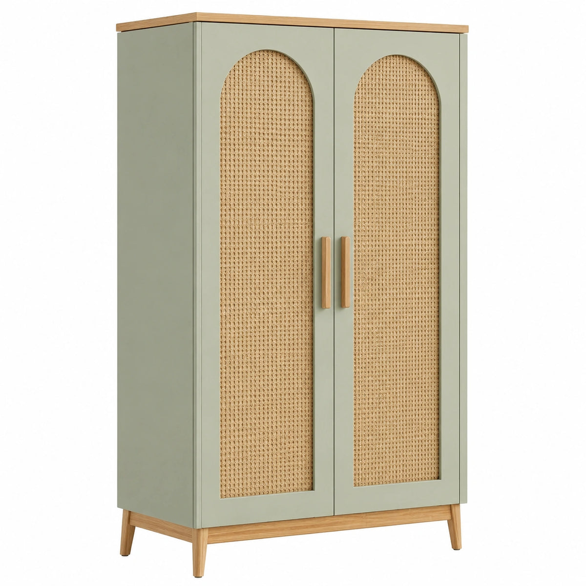 Armoire de rangement 90 x 45 x 180 cm vert sauge et cannage naturel style bohème à 2 portes