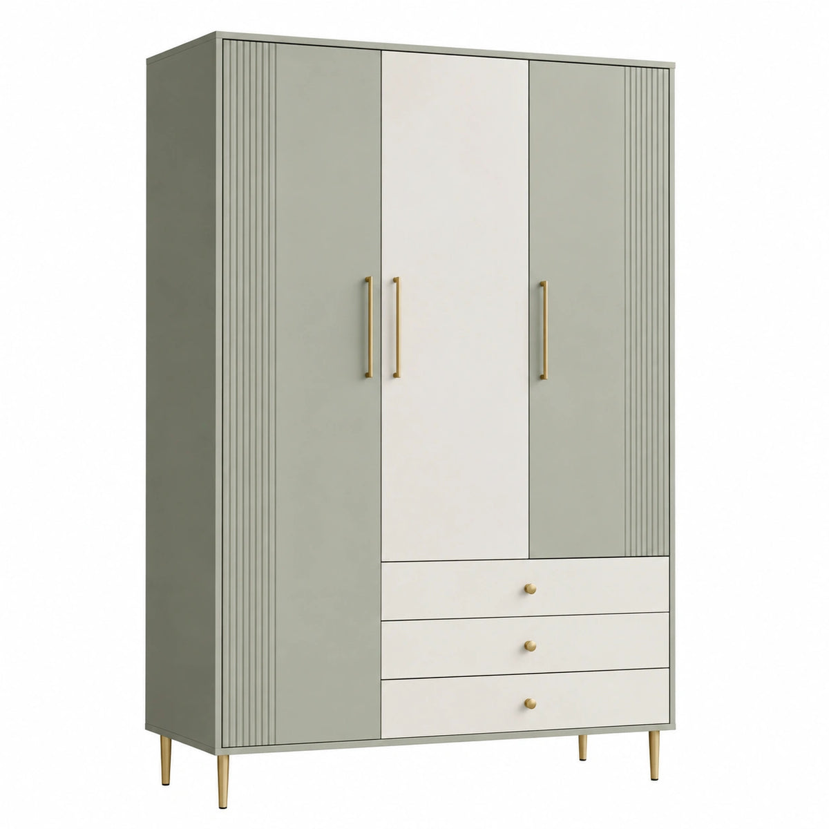 Armoire 120 x 55 x 200 cm en panneaux de bois vert sauge et blanc avec 3 portes et 3 tiroirs style contemporain