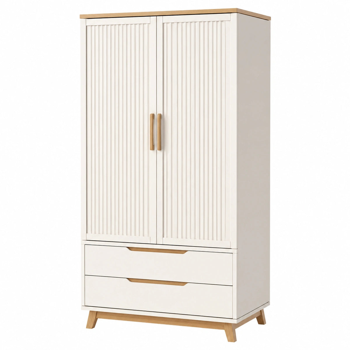 Armoire 90 x 50 x 180 cm en panneaux de bois blanc et bois naturel avec 2 portes 2 tiroirs style scandinave