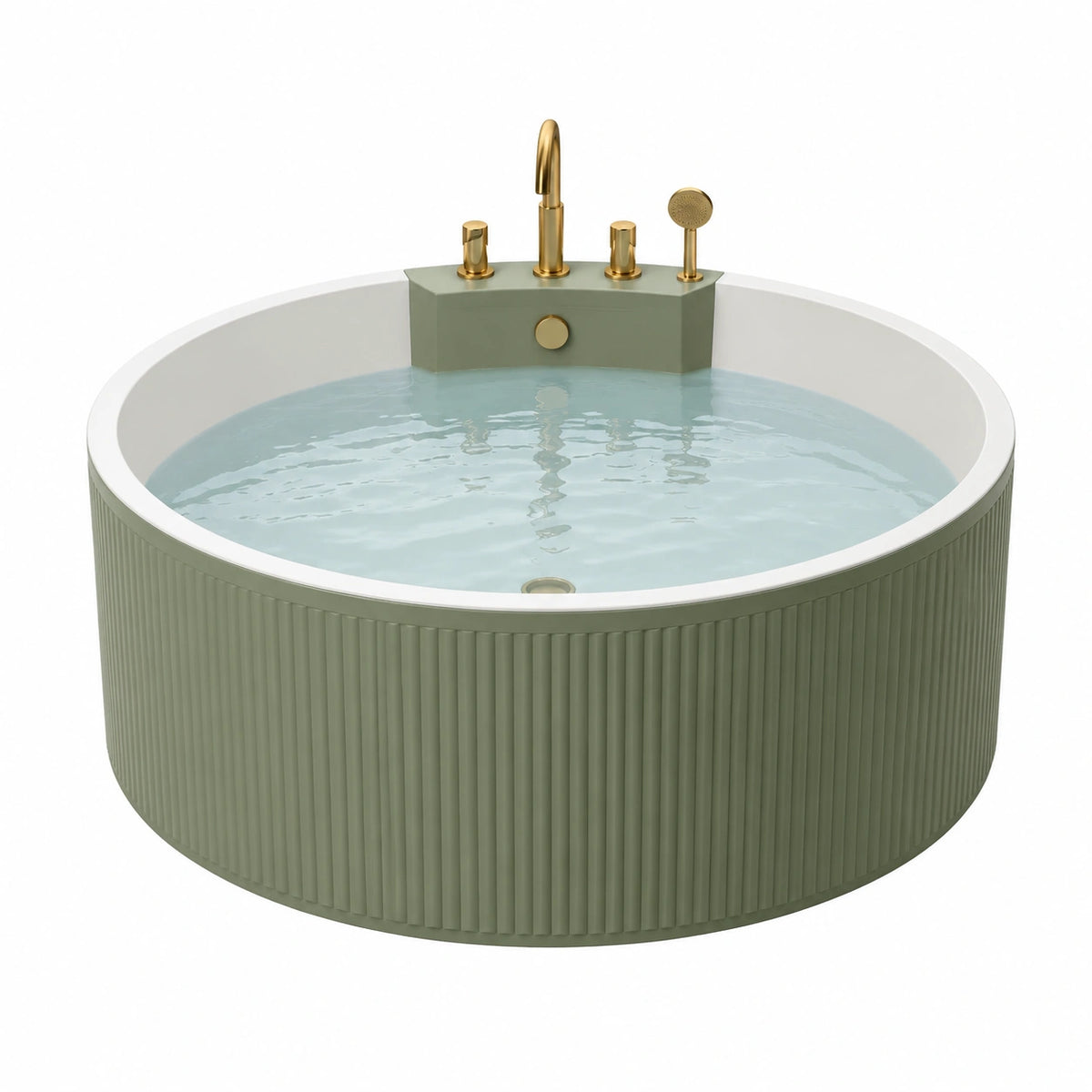 Baignoire îlot ronde diamètre 140 cm acrylique vert sauge avec robinetterie dorée style contemporain