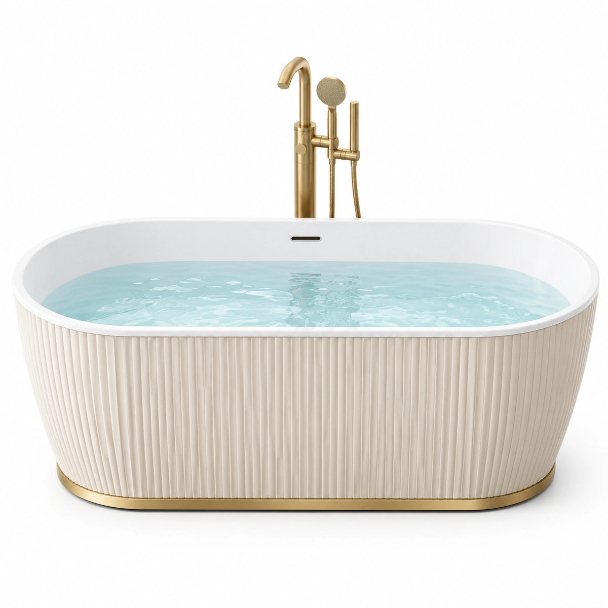 Baignoire îlot ovale 170 x 80 cm en acrylique blanche avec robinetterie dorée style contemporain