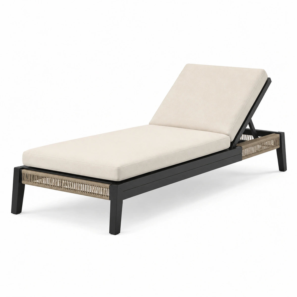Bain de soleil 200 x 70 cm en métal noir et corde beige avec dossier réglable pour extérieur